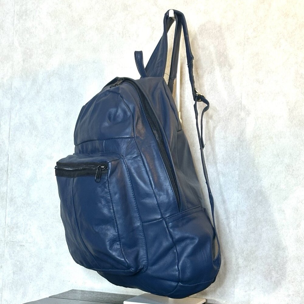 Genuine Leather Backpack Blue Front Pocket Zip Closure Lightweight - Picture 2 of 7